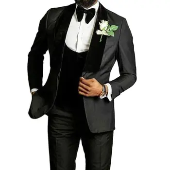 Черно кадифе сватба смокинг за младоженеца с шал ревера 3 парче мъже костюми тънък годни комплект яке жилетка панталони мода костюм