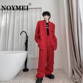 NOYMEI хлабав червен две части костюм мъже есенна мода прави панталони случайни еднореден нетактичност реколта корейски мъжки комплект WA2479