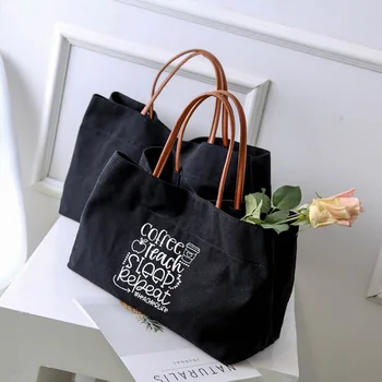 Coffee Teach Sleep Repeat Print Canvas Tote Bag Women Lady Handbag Work Bag Beach Bag Shopping Bag Gift