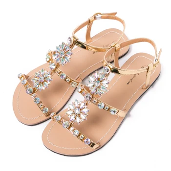 Лято Дамски Peep Toe Бохемия сандали женски диамант плоски обувки дама случайни плаж кристал блестящи чехли кристал обувки