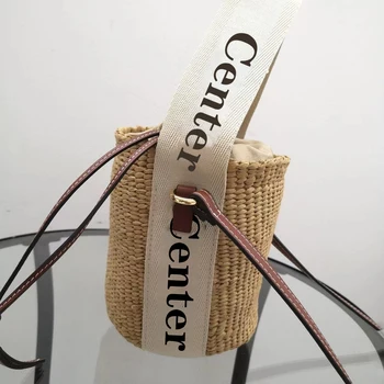  Ръчно тъкана чанта за кофа с монограмна сатенена панделка за съвпадение на плажни чанти17 * 16 * 16 см