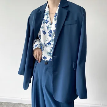 2021 Есен Корейски стил Уникален ретро костюм мъже случайни хлабав прост син костюм за мъже M-XL