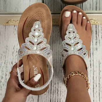 Лъскав клип Toe сандали мода кристал еластична глезена каишка бохемски плаж дамски обувки лято жени парти рокля sandalias