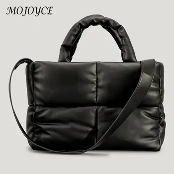 Жените буферни рамо чанта голям капацитет подплатени чанта плътен цвят PU кожа леки дами ежедневно пътуване чанта