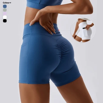 Фитнес йога шорти жени плътен цвят джобове висока талия бягане шорти секси задника лифт тренировка чорапогащи дишаща спортно облекло