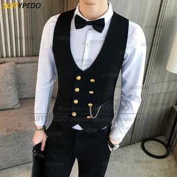SUITYPEDO мода мъжки жилетки костюм жилетка без ръкави яке бизнес по поръчка официални двойни гърди златни копчета жилетка