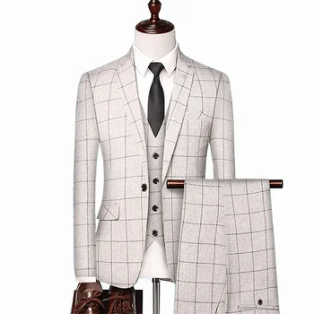 Британски стил мъже карирана жилетка нетактичност панталони 3 парчета комплект / мъжки мода висок клас тънък сватба банкет бизнес костюм яке палто