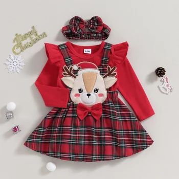 ma&baby 0-18M Коледа новородено бебе бебе момиче дрехи комплекти плета червен гащеризон елен карирани поли Headban Коледа екипировки костюм D05