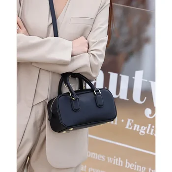 2024 Нова естествена кожа жени мини голяма пазарска чанта високо качество рамо crossbody чанти ретро пътуване чанти дами Бостън чанта черен