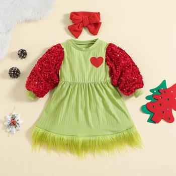 ma&baby 6M-5Y Коледа малко дете бебе бебе момиче рокля дълъг ръкав плюшени пайети A-линия рокли + лента за глава Коледа екипировки D05