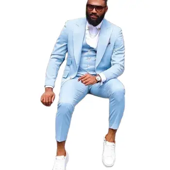 Light Sky Blue Men Suits 3 Piece Peaked Lapel Suit Blazer Jacket Tuxedos Prom Groom Wedding Clothes Custom Made Coat+Vest+Pant