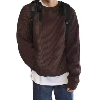 Трикотажни жакард мъжки пуловер реколта трикотажни пуловер мъжки хлабав плътен цвят пуловер за есен/зима еластична средата дължина плюс