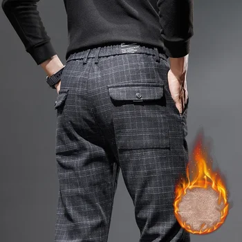 есен зима високо качество руно решетка причинно-следствени панталони мъже бизнес тънък мода елегантен топло участък прави панталони