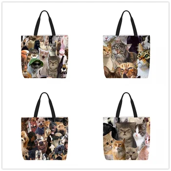 котка смешно животно Чанта отпечатани пътуване рамо чанта голям капацитет жените пазарски чанти каишка случайни мода платно каишка