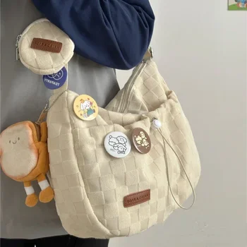 2024 Harajuku стил колеж Crossbody чанта плътен цвят карирана печат голям капацитет рамо чанта нов сладък моден дизайнер чанта
