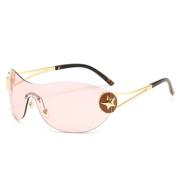 Y2K Реколта едно парче без рамки слънчеви очила жени за мъже 2023 мода луксозна марка дизайнер слънчеви очила тенденция звезда Steampunk сянка