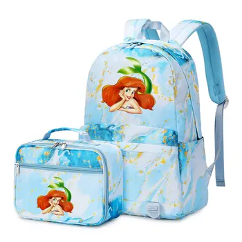 Нова Малката русалка 2Pcs момче момиче деца училище книга чанти пътуване раница обяд чанта за студенти тийнейджъри комплекти