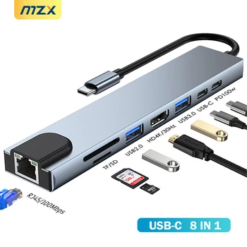 MZX 8 в 1 докинг станция 4K HDMI-съвместим HDTV 100M RJ45 SD TF четец на карти USB-C USB хъб 3 0 Тип C 3.0 концентратор док