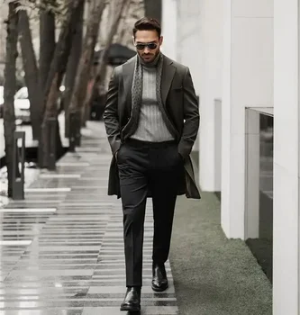 Класически зимен мъжки палто + черни панталони красив двуреден блейзър с колан по поръчка Официален бизнес Casual Prom Daily