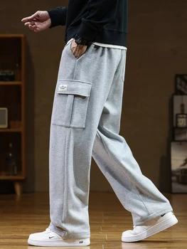 2024 Есен Нови Sweatpants Мъже Multi-джобове шнур памук случайни писта Pant мъжки хлабав прав панталон голям размер 8XL