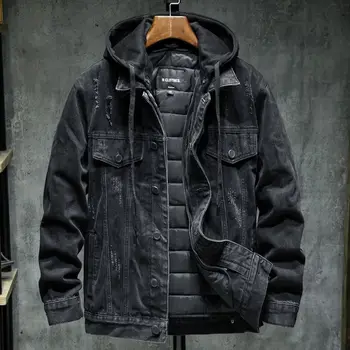 Velvet Thickened Denim Jacket Мъжко работно облекло Свалящо се с качулка черно дънково облекло Есен Зима Модерен топъл ревер палто Urban