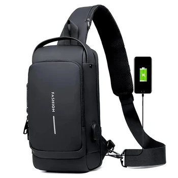 водоустойчив случаен гърдите чанта мъже многофункционални анти-кражба USB зареждане мъже Crossbody чанта лачена кожа пътуване гърдите чанта пакет Mal