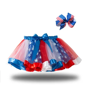 Момичета Американски флаг модел Tutu пола с Bowknot щипка за коса звезда раиран тюл 4-ти юли екипировки момиче поли