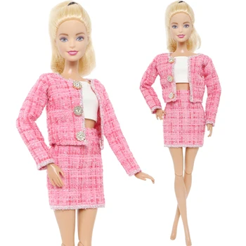 Елегантен розов костюм качествено палто + къси върхове + мини пола офис дама облекло рокля дрехи за кукла Барби аксесоари детска играчка