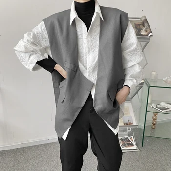 Мъжки костюм жилетка палто пролет и есен нова готическа тенденция асиметричен дизайн случайни хлабав голям размер яка палто