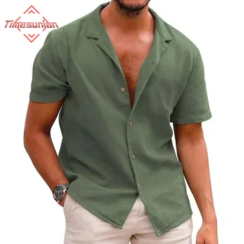 Summer мъжки случайни плътен цвят блуза памук бельо къс ръкав риза хлабав жилетка върховете удобен дишаща плаж мъжки риза