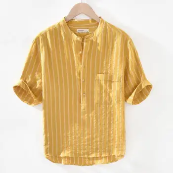 100% памук къс ръкав ризи за мъже риза 2023 лято китайски стил стендъп яка случайни върхове