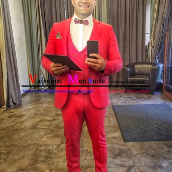 2021 Последен дизайн Червен мъжки костюм Ежедневни еднореден бутик 3 части комплект сватбен абитуриентски бал Смокинг младоженец рокля блейзър Masculino