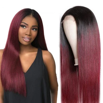 Glueless Frontal 13x4 Lace Front Human Hair Wig Brazilian Remy Ombre 1B Red Burgundy Wine Straight Pre Plucked Lace Front Wigs