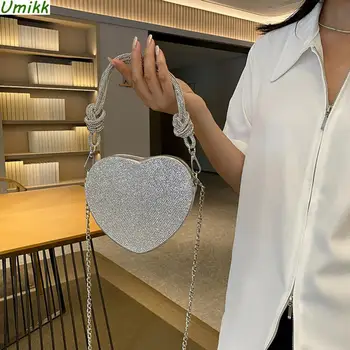 възел дръжка кристали вечер съединител чанта 2024 луксозен дизайнер кристал диамант вечеря чанта сърце форма страна верига crossbody чанта