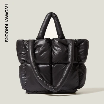 Мода Голям голяма пазарска чанта подплатени чанти дизайнер ватирани жени рамо чанти луксозни найлон надолу памук crossbody чанта зимата Totes нови